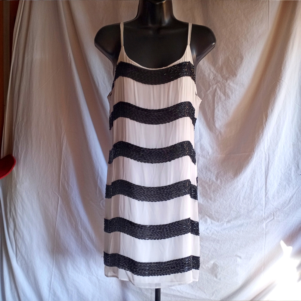 ALICE+OLIVIA White & Blk Beaded Striped Slip Dress